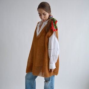 Brown mohair sweater vest Loose V neck vest Sleeveless knitted sweater Chunky wool top Stylish waistcoat Handknit vest Long oversized vest image 1