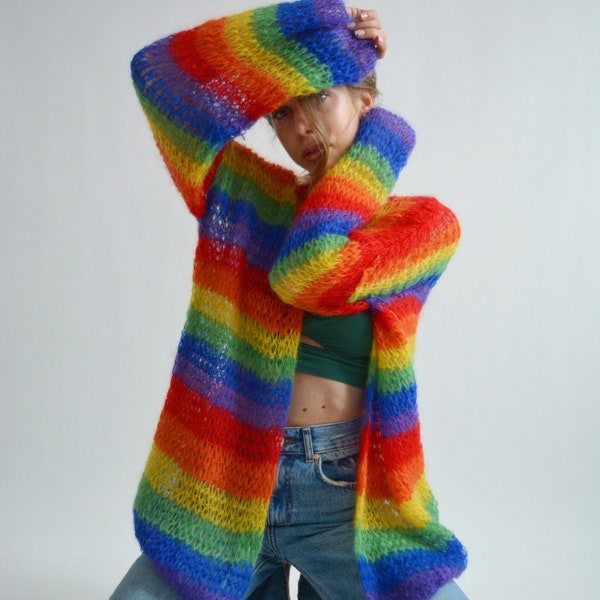 Rainbow mohair cardigan Handknit striped cardigan Rainbow pride cardigan LGBT festival cardigan Hippie colorful cardigan Bright cardigan