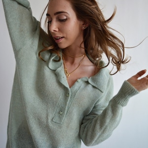 Mint knitted polo shirt Green merino collar sweater Alpaca chunky sweater  Polo style sweater Stylish soft sweater Retro buttoned sweater
