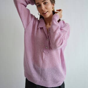 Pink collared sweater Knitted polo shirt Polo style sweater Merino oversized sweater Retro buttoned sweater Stylish soft  light sweater