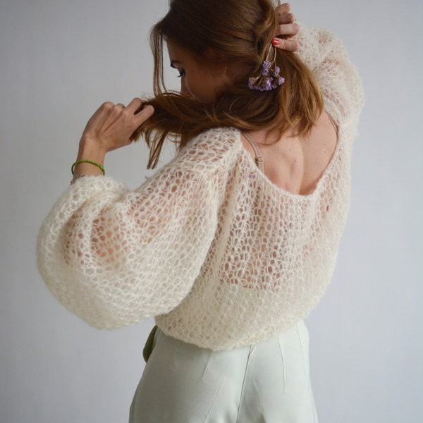 Ivory mohair sweater Champagne loose sweater Soft light sweater Sexy handknit sweater See through bridal sweater Wedding wool sweater