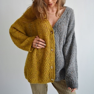 Gray mustard alpaca cardigan Colorblock chunky cardigan Buttoned oversized cardigan Multicolor merino wool cardigan Tweed handknit cardigan