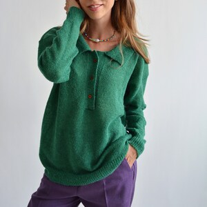 Green collared retro sweater Alpaca polo shirt sweater Polo style merino wool sweater Buttoned chunky sweater Stylish soft sexy sweater