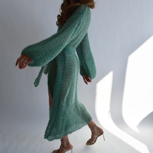 Green mohair cardigan Long belted cardigan Kimono oversized cardigan Light chunky cardigan Wrap cardigan coat Handknit maxi cardigan image 5