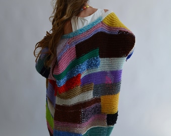 Cárdigan de mohair tejido a mano con retazos: colorido, extravagante y cálido.