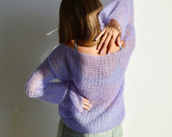 Purple lavender mohair sweater, Loose handknit soft sweater, Bohemian oversize sweater, Chunky knit light spring sweater