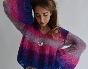 Ombre Mohair Alpaca Sweater | Handmade Gradient Knit Sweater | Luxury Color Block Pullover