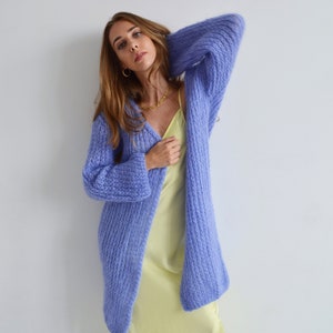 Handknit Mohair Cardigan: Blue Purple Long Bohemian Duster