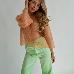 Handknit Orange Mohair Silk Sweater, Sheer Paillette Embellished Top