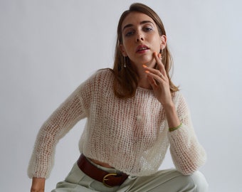 Ivory cropped mohair sweater Sexy light sweater Wedding white sweater Short stylish sweater Mesh handknit sweater Bohemian soft sweater