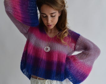 Suéter de mohair fucsia Suéter morado degradado Suéter tejido a mano a rayas Suéter corto con cuello en V Suéter oversize con mangas acampanadas Suéter sexy