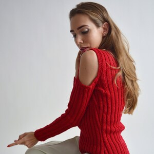 Rode merinowollen trui Open schouder sexy trui Off-shoulder warme trui Hadnknit 100% wollen trui Luxe puur wollen trui