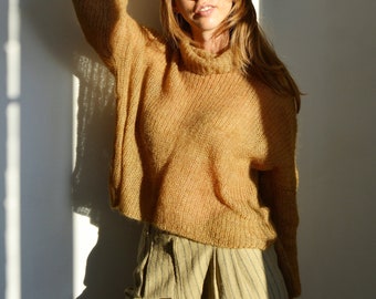 Camel Mohair Rollkragenpullover, Beige Cropped Chunky Pullover, Kurzer Oversized Pullover, Boho warmer Pullover, Lässiger leichter Pullover