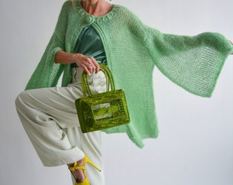 Green extravagant mohair cape Long handknit cardigan Chic sleeveless cardigan Buttoned thick cardigan Open elegant cardigan Wool knit cape