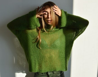 Green mohair turtleneck sweater, Loose knit bohemian warm sweater, Oversize handknit soft sweater, Light stylish sweater