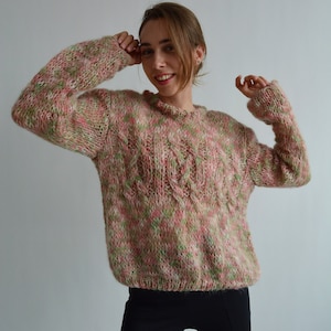 Pink green mohair sweater Melange handknit chunky sweater Soft unique sweater Rainbow oversized sweater Warm loose wool sweater