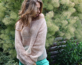 Bohemian beige sweater, Mohair sweater, Chunky knit sweater, Milk spring sweater, Soft knitted sweater, Loose sweater, Off-shoulder sweater