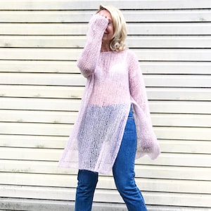 Light pink mohair tunic Asymmetric wool dress Maxi handknit tunic Long mohair bohemian sweater Knitted unique tunic Oversized women sweater