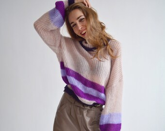 Handgebreide gestreepte mohair coltrui – zachte Italiaanse mohairmix voor kinderen