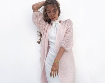 Cardigan in mohair da sposa rosa chiaro, cardigan lungo rosa da sposa, copertura da sposa, cardigan morbido sul davanti aperto, scrollata di spalle da sposa in avorio