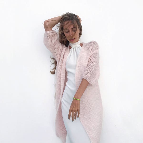 Light pink bridal mohair cardigan, wedding pink long cardigan, bridal cover up, open front soft cardigan, ivory bridal wrap shrug