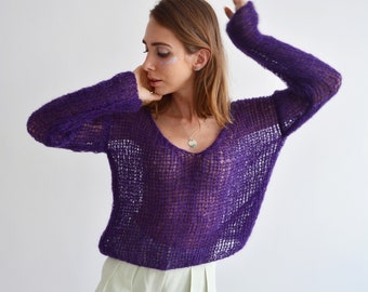 Purple v neck mohair sweater Light loose knit sweater Handknit sexy sweater Cropped summer sweater Bohemian short sweater