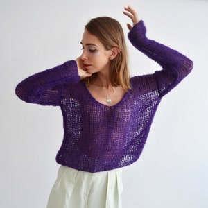 Purple v neck mohair sweater Light loose knit sweater Handknit sexy sweater Cropped summer sweater Bohemian short sweater