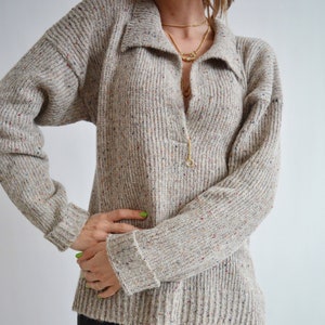 Beige gray polo shirt Knitted alpaca polo Polo style sweater Collared chunky sweater Tweed retro sweater Merino wool shirt Oversized sweater