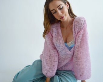 Pink V neck sweater Mohair light sweater Oversized handknit sweater Sexy soft sweater Stylish thick sweater Chunky bright sweater