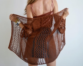 Coffee brown cardigan, cotton light cardigan, short sexy cardigan,  handknit chunky cardigan, crochet knitted  cardigan, crochet boho shrug