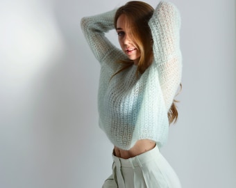 Green mint mohair sweater, Cropped light sweater, Sexy short sweater, Lightweight chunky knit sweater, Handknit summer sweater