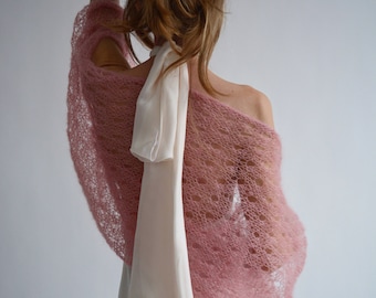 Peach bridal shawl Silk mohair wedding shrug White knitted bolero Light wool cover up Bridesmaid bridal cape Bridesmaid knit jacket