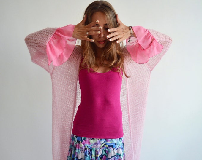 Pink Mohair Cardigan With Frills Embroidered Light Cardigan Etsy