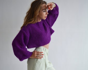 Paarse mohair trui Bijgesneden sexy trui Warme korte trui Losse handknit trui Chunky wollen trui Mode unieke trui