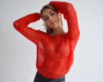 Red embroidered sweater, Sweater with gold lurex, Embellished sexy sweater, Light mohair sweater, Soft handknit sweater, Cropped sweater