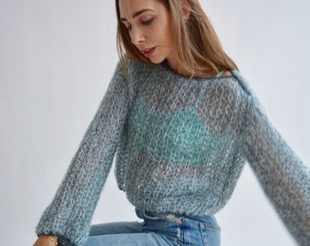 Blue mohair sweater Cropped embellished sweater with lurex Chunky embroidered sweater Shiny short sweater Extravagant knitted sweater