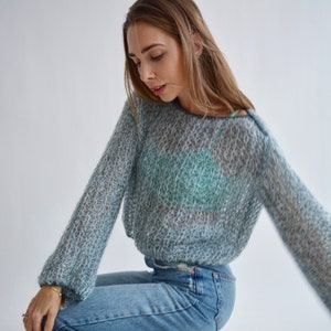 Blue mohair sweater Cropped embellished sweater with lurex Chunky embroidered sweater Shiny short sweater Extravagant knitted sweater