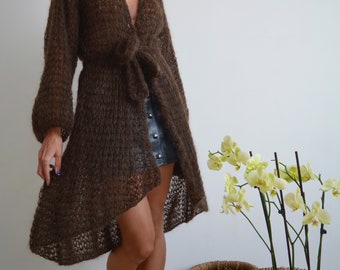 Coffee brown cardigan, mohair cardigan, light cardigan, kimono cardigan, long cardigan, chunky cardigan, open cardigan, oversize cardigan