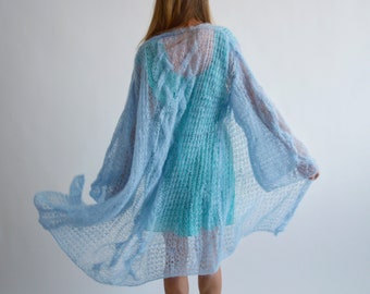 Cárdigan de mohair azul claro Kimono cardigan de kimono largo Cárdigan de punto grueso con cinturón de punto grueso Cárdigan de mano suelto Cubierta nupcial Cárdigan de boda