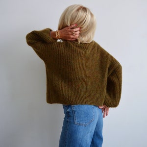 Green khaki mohair turtleneck sweater, Olive loose knit sweater, Thick handknit wool sweater, Oversize warm chunky sweater