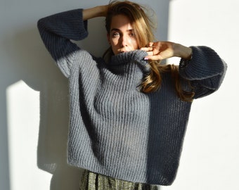 Dark gray mohair turtleneck sweater Soft wool handknit sweater Oversize minimalist sweater Loose knit fuzzy sweater Basic chunky sweater
