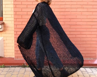 Cárdigan largo de mohair negro con cinturón – Suéter kimono holgado de punto extragrande para otoño