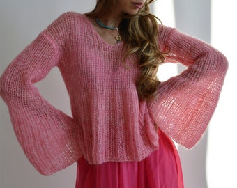 Pink mohair sweater Baby alpaca V neck sweater Soft bell sleeve sweater Wide sleeves sweater Sexy handknit sweater Bohemian wool sweater