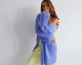 Blue purple mohair cardigan Thick long cardigan Wool handknit midi cardigan Open front cardigan Bohemian warm cardigan Basic chunky cardigan