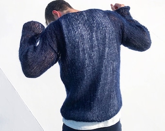 Blauwe heren mohair trui Gebreide wollen heren trui Unisex handgebreide trui Grof gebreide trui Grote herentrui Trui voor hem