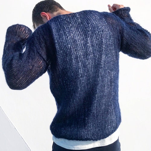 Openmindstyle Blue Mens Mohair Sweater Knit Wool Mens Pullover Unisex Hand Knitted Sweater Chunky Knit Sweater Large Men Sweater Sweater for Him