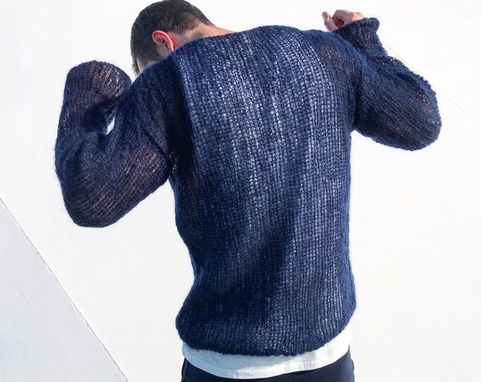 Blue mens mohair sweater Knit wool mens pullover Unisex hand knitted sweater Chunky knit sweater Large men sweater Sweater for him