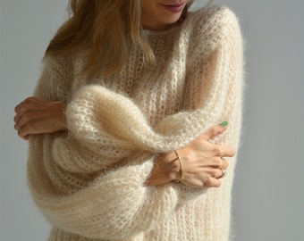 Cream mohair handknit sweater Beige thick sweater Wedding warm sweater Soft knitted sweater Bell sleeve wool sweater Chunky fluffy sweater