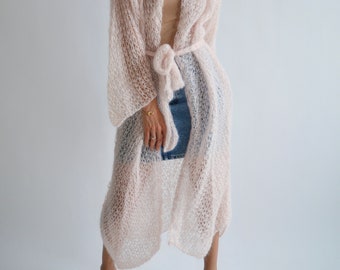 Blush pink long cardigan Silk mohair belted cardigan Maxi knit cardigan Chunky mesh cardigan Light oversized cardigan Wedding cardigan