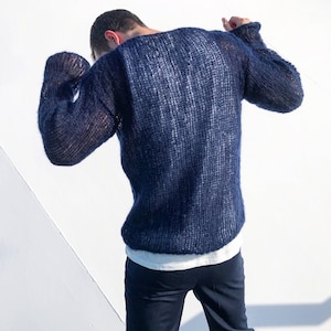 Blue mens mohair sweater Knit wool mens pullover Unisex hand knitted sweater Chunky knit sweater Large men sweater Sweater for him